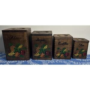Vintage Nesting Vegetable Wooden Canister Set Of 4 w/Lids Flour Sugar Coffee Tea